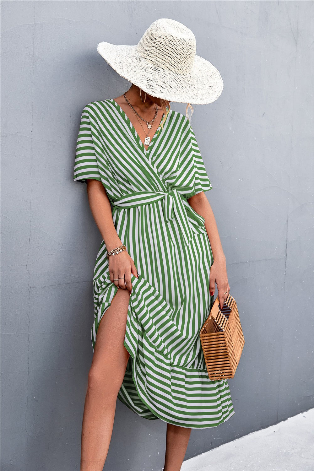 Aveline Striped Cross V-Neck Maxi Dress