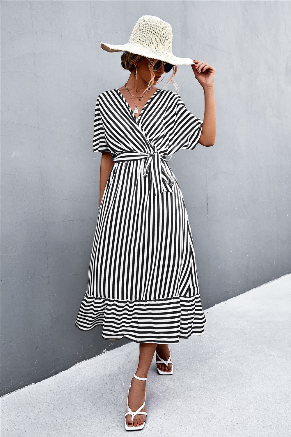 Aveline Striped Cross V-Neck Maxi Dress
