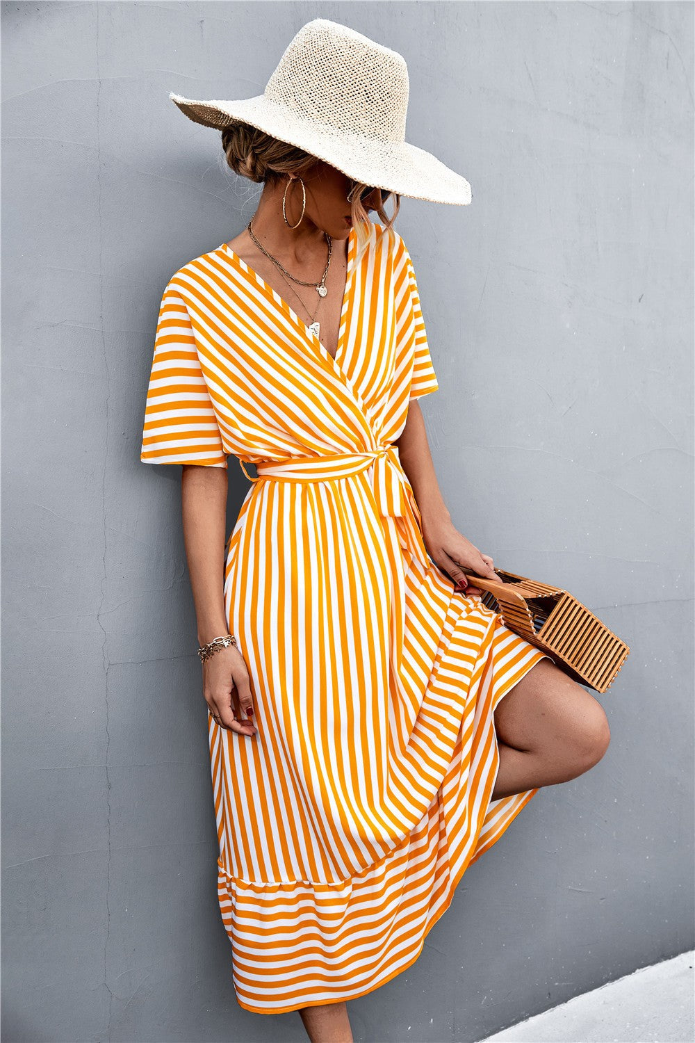 Aveline Striped Cross V-Neck Maxi Dress