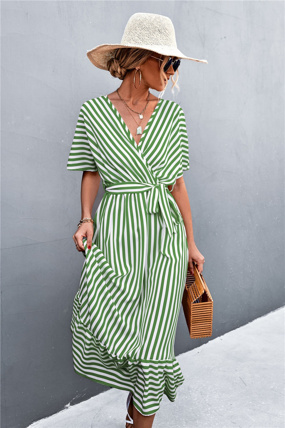 Aveline Striped Cross V-Neck Maxi Dress