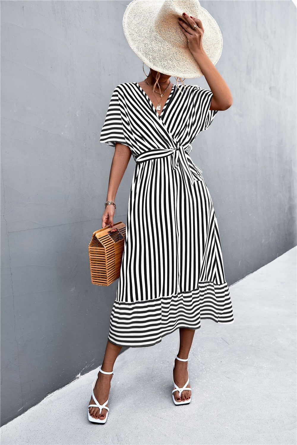 Aveline Striped Cross V-Neck Maxi Dress