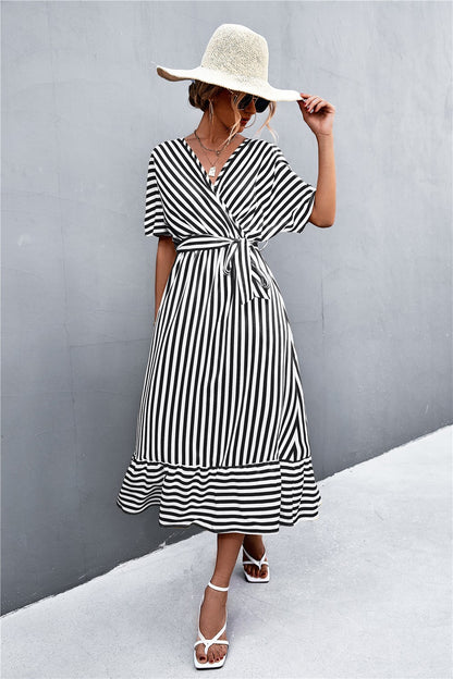 Aveline Striped Cross V-Neck Maxi Dress