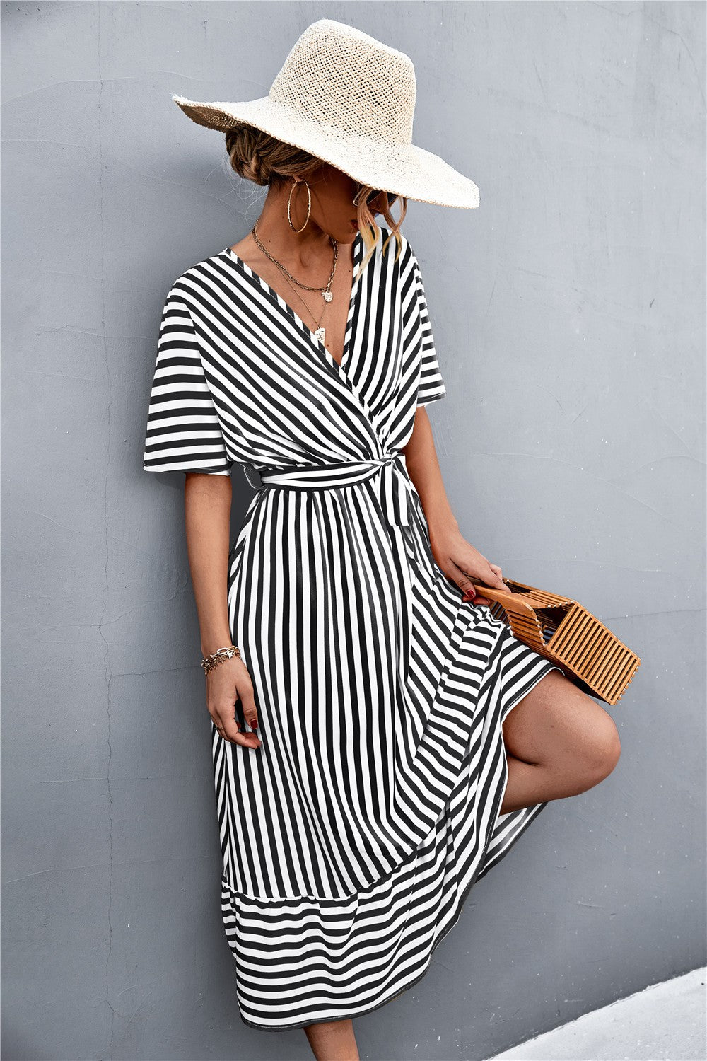 Aveline Striped Cross V-Neck Maxi Dress